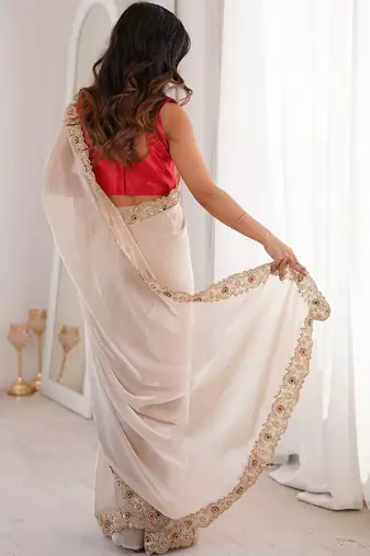 off white off white satin ethnic embellished party wear matching blouse sarees