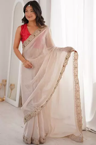 off white off white satin ethnic embellished party wear matching blouse sarees