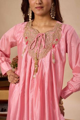 Pink silk blend embroidered sharara set