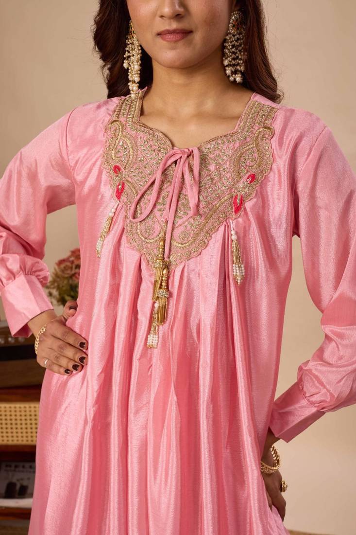 Pink silk blend embroidered sharara set