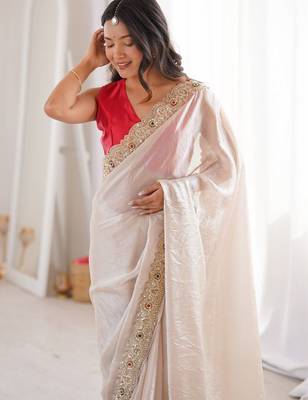 off white off white satin ethnic embellished party wear matching blouse sarees 4