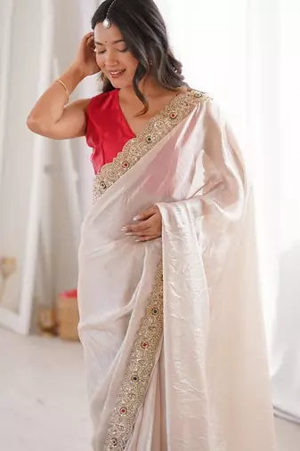 off white off white satin ethnic embellished party wear matching blouse sarees