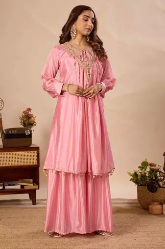 Pink silk blend embroidered sharara set