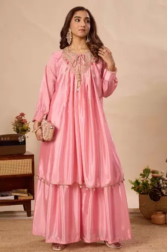 Pink silk blend embroidered sharara set