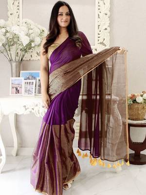 purple striped cotton blend saree 1
