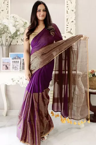 purple striped cotton blend saree