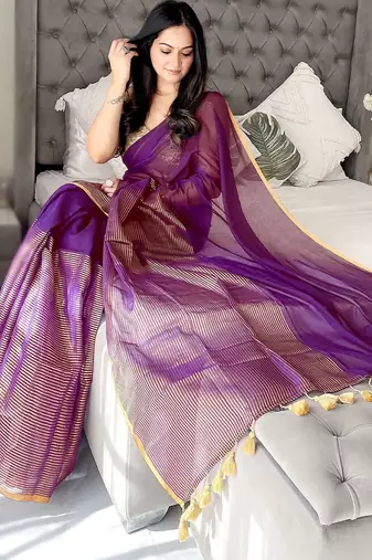 purple striped cotton blend saree