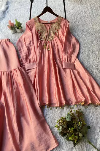 Pink silk blend embroidered sharara set