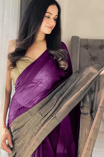 purple striped cotton blend saree