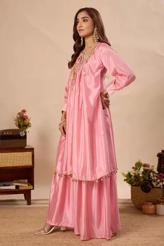 Pink silk blend embroidered sharara set