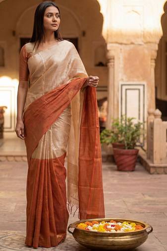 Beige woven design tissue handloom kasavu saree