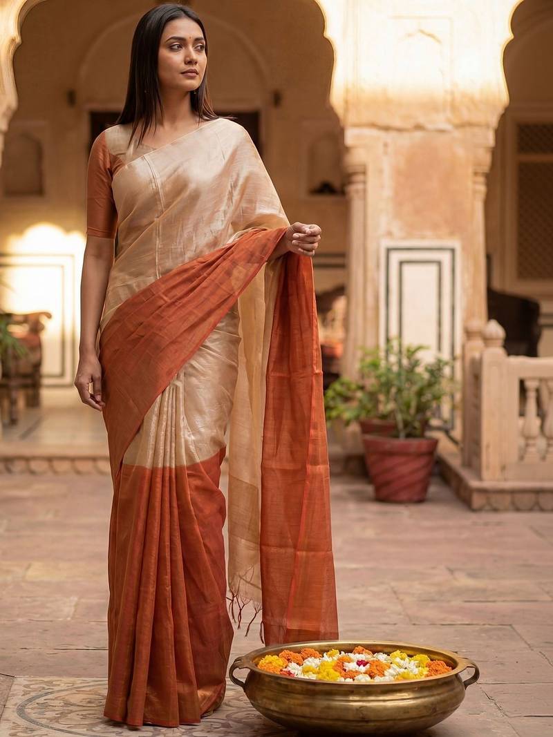 Beige woven design tissue handloom kasavu saree