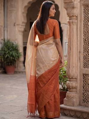 Beige woven design tissue handloom kasavu saree 2