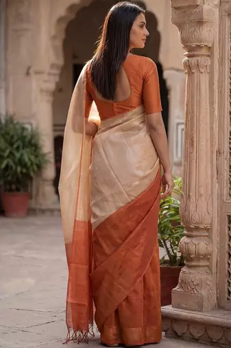 Beige woven design tissue handloom kasavu saree