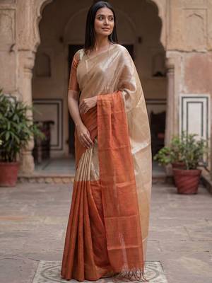 Beige woven design tissue handloom kasavu saree 4