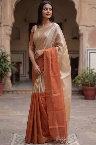 Beige woven design tissue handloom kasavu saree
