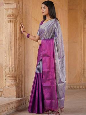 Purple woven design tissue kasavu saree 3