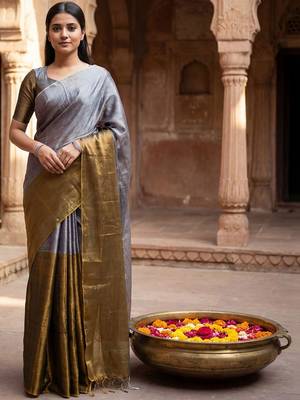 Grey woven design tissue kasavu saree 1