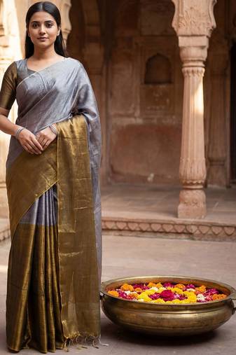 Grey woven design tissue kasavu saree