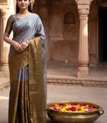 Grey woven design tissue kasavu saree