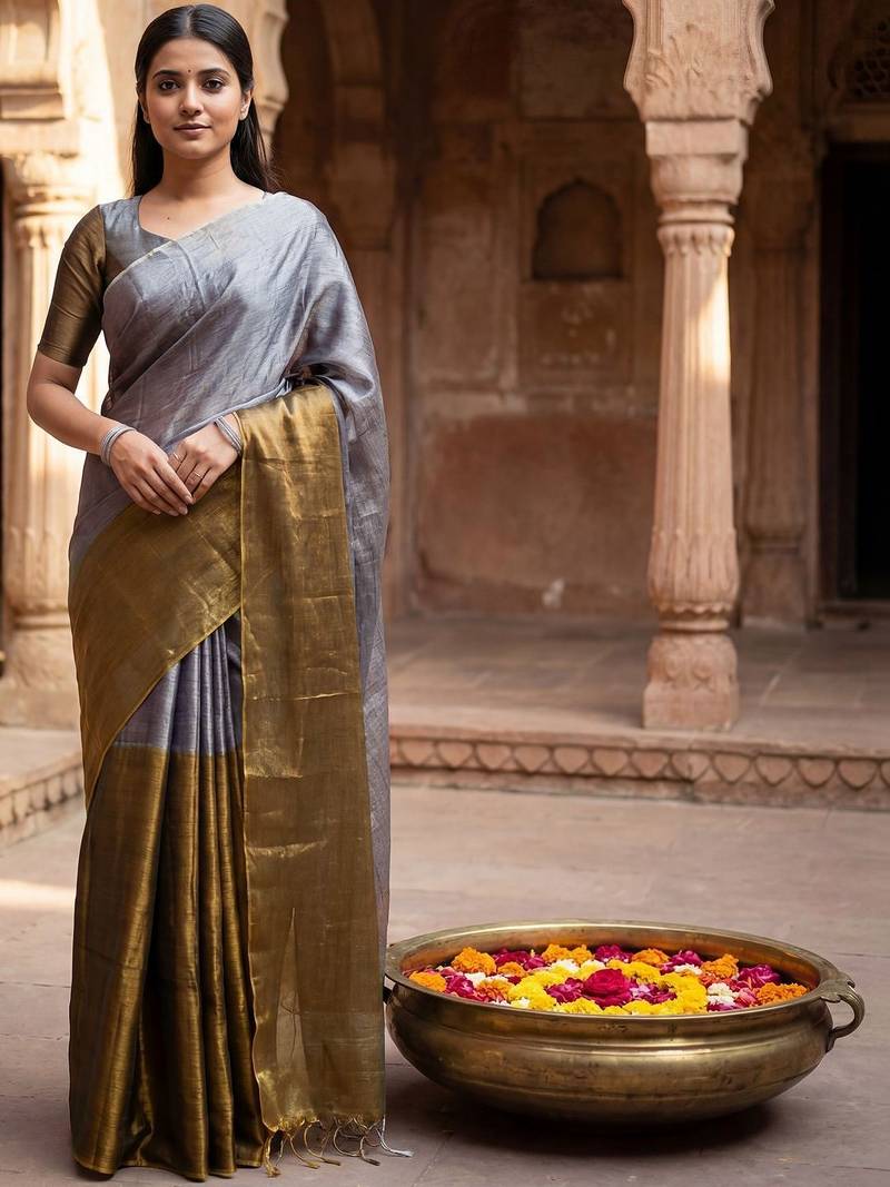 Grey woven design tissue kasavu saree
