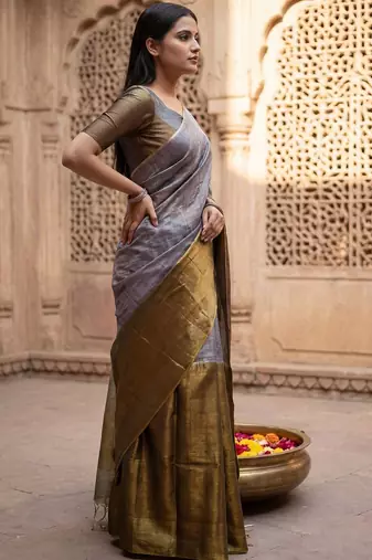 Grey woven design tissue kasavu saree
