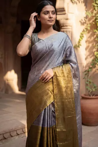 Grey woven design tissue kasavu saree