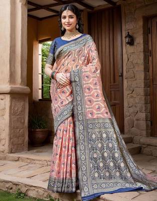 peach woven design linen saree with unstitched blosue piece 1
