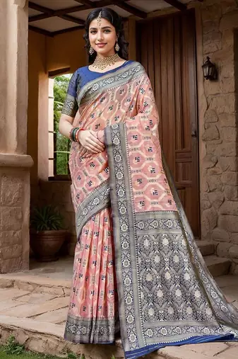 peach woven design linen saree with unstitched blosue piece