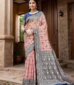 peach woven design linen saree with unstitched blosue piece