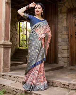 peach woven design linen saree with unstitched blosue piece 2