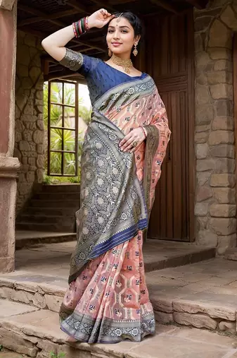 peach woven design linen saree with unstitched blosue piece