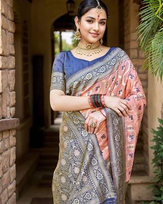 peach woven design linen saree with unstitched blosue piece 3