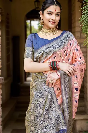 peach woven design linen saree with unstitched blosue piece