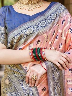 peach woven design linen saree with unstitched blosue piece 4