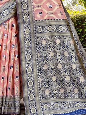 peach woven design linen saree with unstitched blosue piece 5