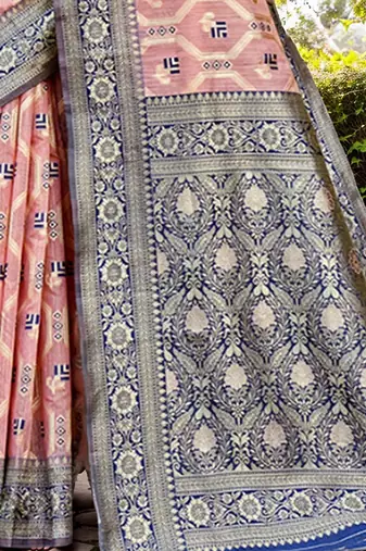 peach woven design linen saree with unstitched blosue piece