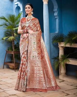 rust floral woven banarasi silk blend saree 1