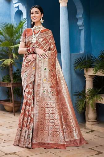 rust floral woven banarasi silk blend saree