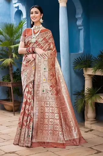 rust floral woven banarasi silk blend saree