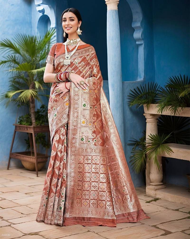 rust floral woven banarasi silk blend saree