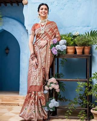 rust floral woven banarasi silk blend saree 2