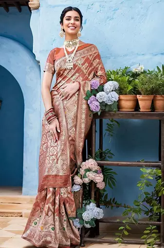 rust floral woven banarasi silk blend saree