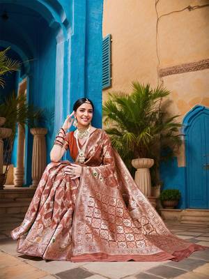 rust floral woven banarasi silk blend saree 3