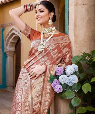 rust floral woven banarasi silk blend saree 4