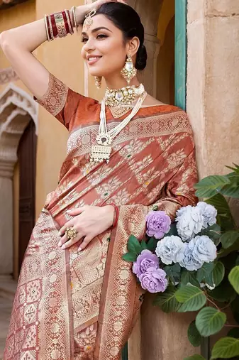 rust floral woven banarasi silk blend saree