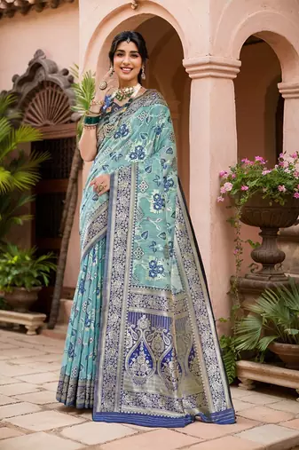 blue floral linen saree with blouse