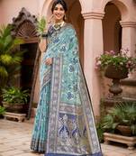 blue floral linen saree with blouse