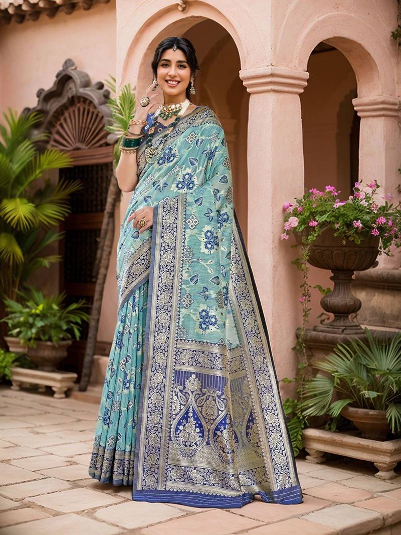blue floral linen saree with blouse