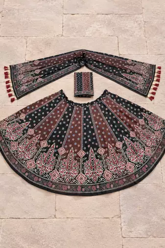 brown printed satin silk navratri lehenga choli